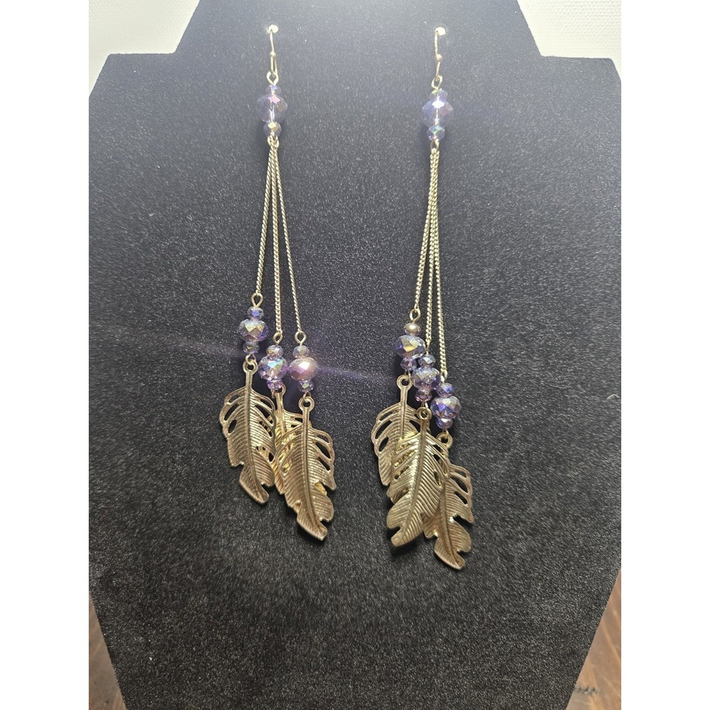 Vintage Gold Tone Long Feather Leaf‎ Dangle Earrings Iridescent Purple Crystal